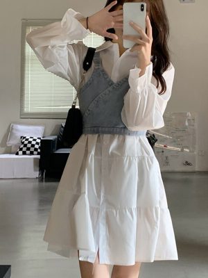 Women Sweet Elegant Mini Shirt Dress + Jean Vest 2023 Summer Fashion Outfits