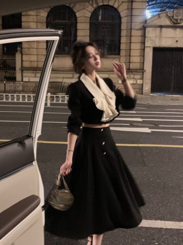 Women Black Midi Korean Dress Crop Top Short Coats + Skirt 2023 Autumn Fashion Outfits Trends