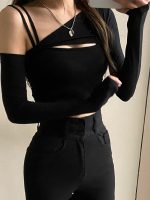 2 Piece T-Shirt And Cami Crop Top Women Harajuku Long Sleeve Skew Collar Casual Basic Tight Tees