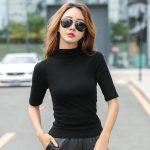 Half High Collar T-Shirt Mid-sleeved T Shirt For Female Woman Clothing New Thin Tops