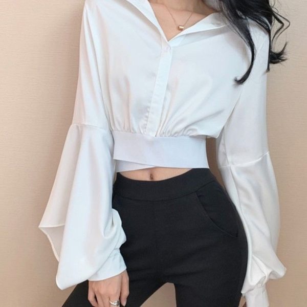 Women Spring Sexy Blouse Women V Neck Button Long Sleeve Vintage Casual Crop Tops