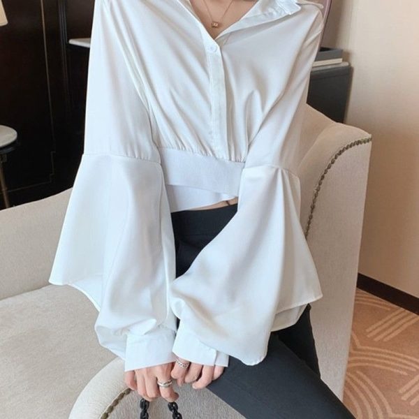 Women Spring Sexy Blouse Women V Neck Button Long Sleeve Vintage Casual Crop Tops