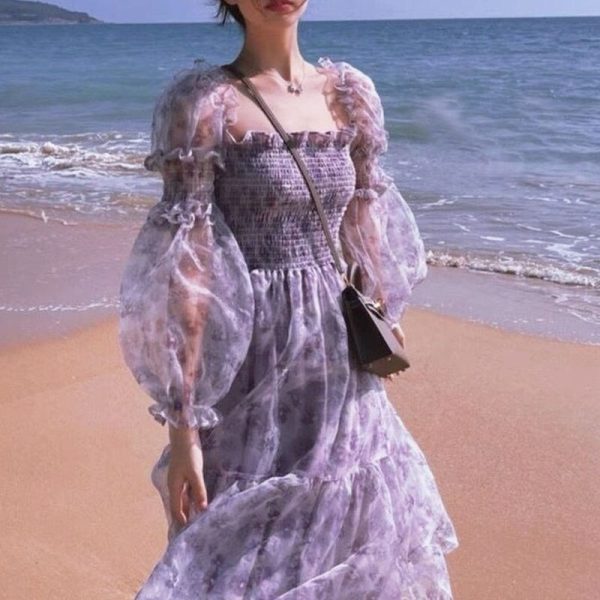 Women Puff Sleeve Square Collar Boho Beach Floral Dress 2023 Summer Fashion Outfits
