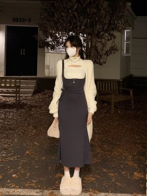 2022-Autumn-2-Piece-Dress-Set-Women-Elegant-Bodycon-Midi-Dress-Female-Y2k-Clothing-Korean-Fashion-1