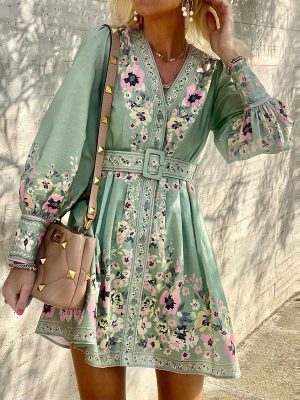 2022-Bohemian-Dress-Women-Floral-Print-Long-Sleeves-Belt-For-Dress-Elegant-V-Neck-Button-Up-1