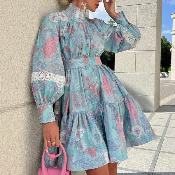 Bohemian Dress Women Floral Print Long Sleeves Belt For Dress