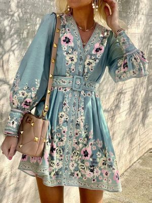 Bohemian Dress Women Floral Print Long Sleeves Belt For Dress