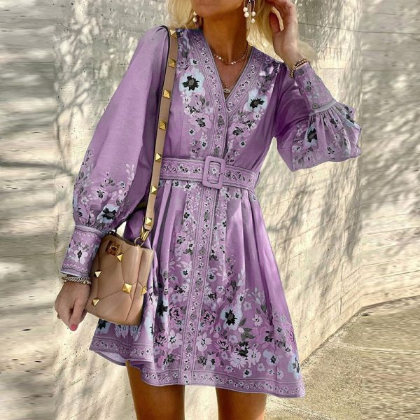 Bohemian Dress Women Floral Print Long Sleeves Belt For Dress