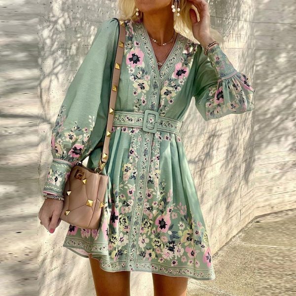 Bohemian Dress Women Floral Print Long Sleeves Belt For Dress