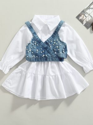 2022-Fashion-Children-Baby-Girl-Clothes-Solid-Color-Long-Sleeve-Shirt-Dress-Denim-Beading-Vest-2Pcs-1