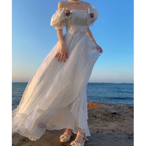 Women French White Princess Dress summer bow mid-length Dress