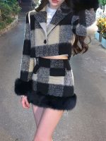 Women Winter Christmas Knitted Suits Korean Fashion Plaid Blazers Coats + Mini Skirt
