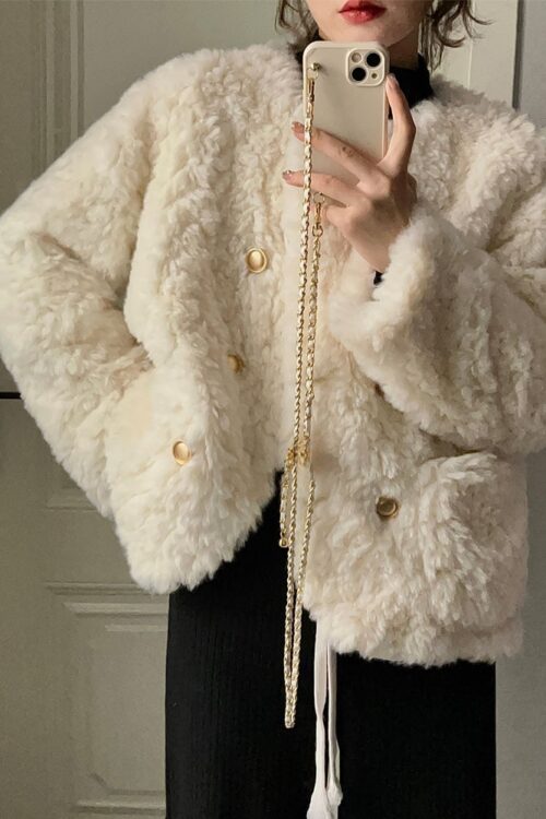 Women Button Chic Elegant Lambswool Faux Fur Jackets 2023 Spring Fashion Outfits