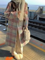 Women Winter Rainbow Woolen Overcoat Casual Plaid
