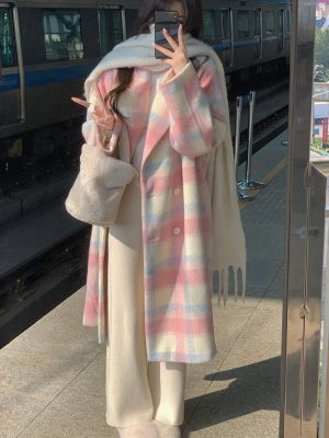 Women Winter Rainbow Woolen Overcoat Casual Plaid