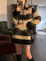 Faux Fur Plaid Blazer Suits Women Crop Top + Mini Skirt Office Lady 2 Piece Dress