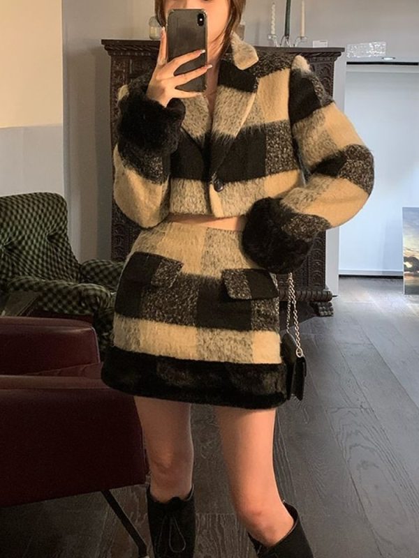 Faux Fur Plaid Blazer Suits Women Crop Top + Mini Skirt Office Lady 2 Piece Dress