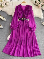 Women Pleated Red/Purple/Yellow Maxi Dress 2023 Summer Fashion Outfits