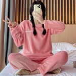 Autumn Winter Warm Flannel Pajamas for Women Students Cute Plus Velvet Thicken Loose Sleepwear Set Coral Velvet