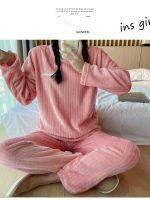 Autumn Winter Warm Flannel Pajamas for Women Students Cute Plus Velvet Thicken Loose Sleepwear Set Coral Velvet