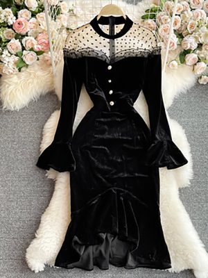 Women Black Mesh Patchwork Velvet Party Dress 2023 Summer Fashion Outfits
