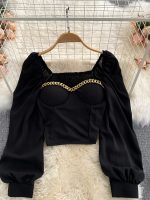 Women Black/White Blouse Sexy Square Collar 2023 Summer Fashion Outfits