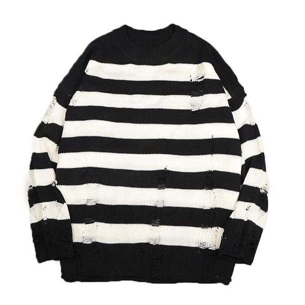 Black Striped Sweater Ripped Sweater Men Pullover