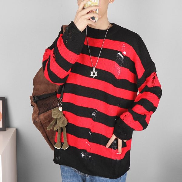 Black Striped Sweater Ripped Sweater Men Pullover