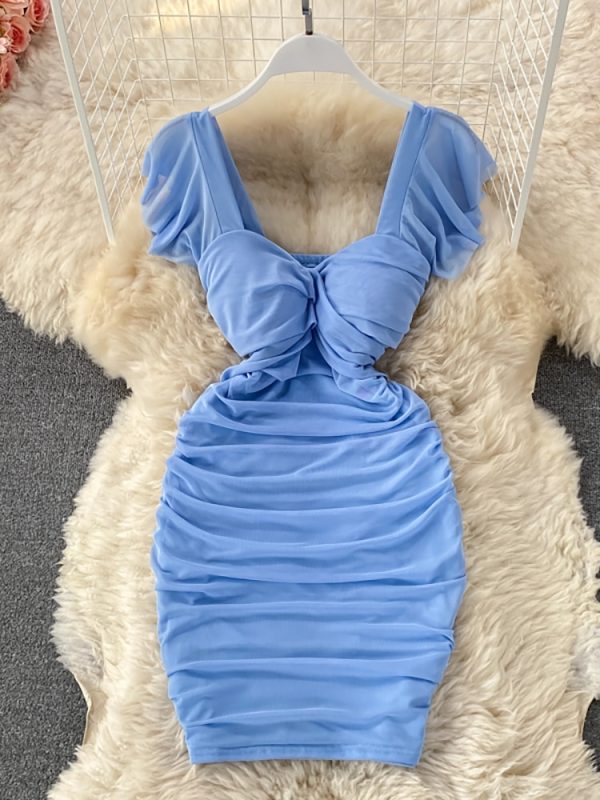 Women Blue/Khaki/White Sexy Draped Bodycon Dress 2023 Spring Summer Outfits