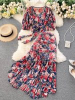 Women Bohemian Pink/Blue Floral Print Chiffon 2pcs Short Top Skirt 2023 Spring Summer Outfits