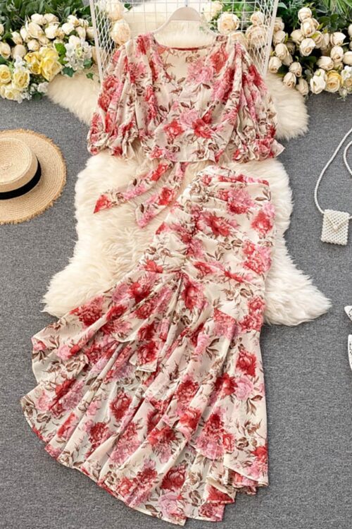 Women Bohemian Pink/Blue Floral Print Chiffon 2pcs Short Top Skirt 2023 Spring Summer Outfits