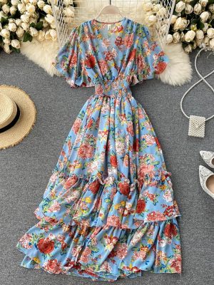 Bohemian-Women-Floral-Printed-Long-Dress-Sexy-V-Neck-Short-Sleeve-High-Waist-Ruffle-Beach-Vacation-1
