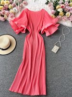 Women Casual Round Neck Flare Short Sleeve Pleated Maxi Dress 2023 Summer Fashion Outfits
