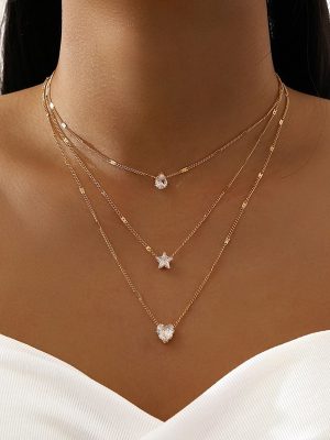 Crystal Zircon Heart Star Charm Layered Pendant Necklace Set for Women Charms Fashion Square Rhinestone Female Vintage Jewelry
