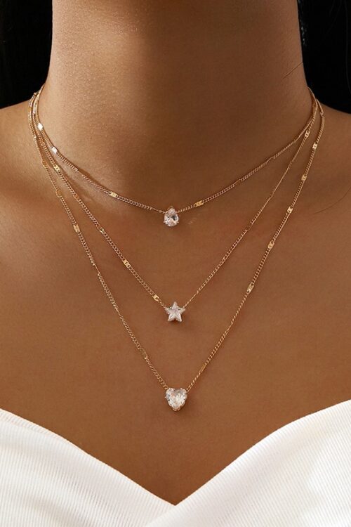Crystal Zircon Heart Star Charm Layered Pendant Necklace Set for Women Charms Fashion Square Rhinestone Female Vintage Jewelry