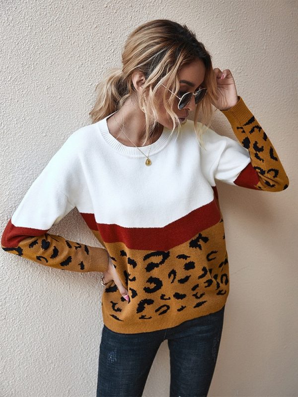 Fashion Leopard Patchwork Autumn Winter Ladies Knitted Sweater Women O-neck Full Sleeve Jumper Pullovers