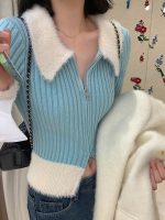 Faux Fur Knitted Sweater Women Design Slim Elegant Zipper Pullover Office Lady Casual Y2k Crop Tops Korean Fashion 2022 Winter