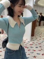 Faux Fur Knitted Sweater Women Design Slim Elegant Zipper Pullover Office Lady Casual Y2k Crop Tops Korean Fashion 2022 Winter