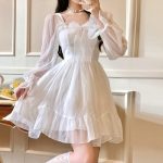 Women French Sweet Fairy Lolita Dress Long Sleeve Lace Y2k Mini Dress