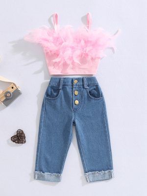 Girls-Summer-Clothing-Outfit-Sets-Fashion-Kid-Children-Pink-Sleeveless-Feather-Camisole-Denim-Pants-with-Pockets-1