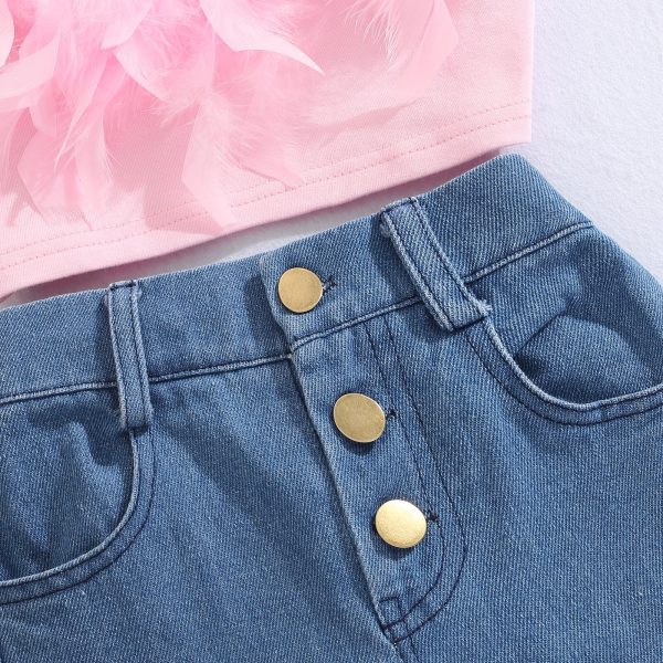 Kid Children Pink Sleeveless Feather Camisole + Denim Pants with Pockets