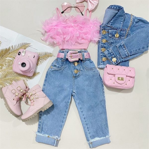 Kid Children Pink Sleeveless Feather Camisole + Denim Pants with Pockets