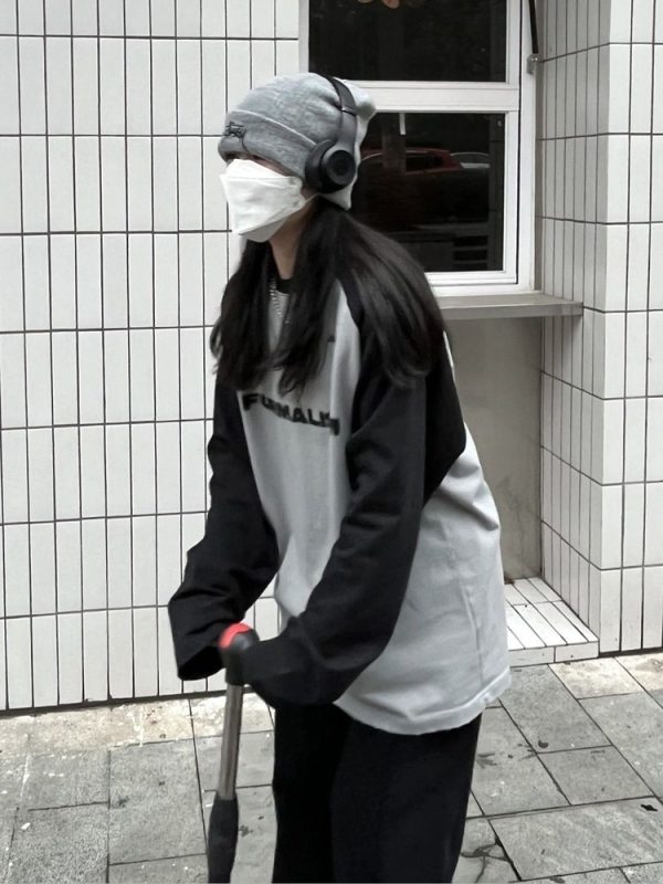 Basic Cotton Long Sleeve Gray Tshirt Harajuku Vintage Streetwear Oversize Loose Patchwork T Shirt
