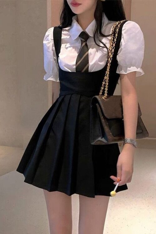 Girls Black Pleated Mini Dress Women Kawaii Vintage Preppy Style High Waist Sleeveless Strap Dress