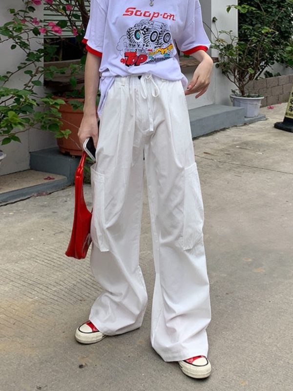 Gothic Punk Parachute Pants Women Harajuku Pockets White Cargo Trousers