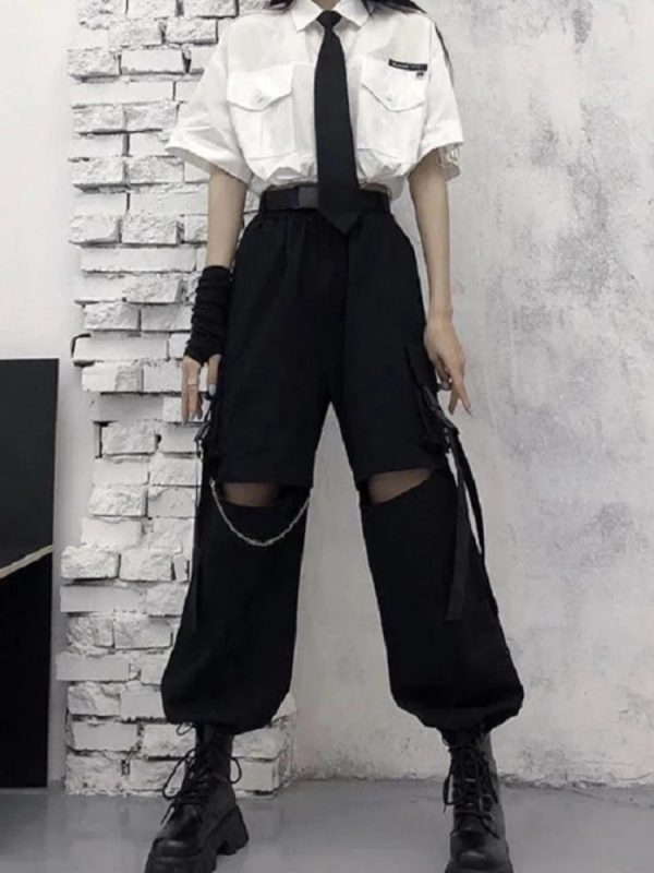 Gothic Streetwear Women's Cargo Pants with Chain Punk Techwear Black Oversize Korean Fashion Wide Leg Trousers