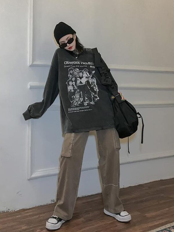 Grunge Vintage Gray Women Hoodies Aesthetic Harajuku Streetwear