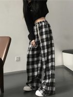 Harajuku Oversize Plaid Pants Women Korean Fashion Black White Checked Trousers