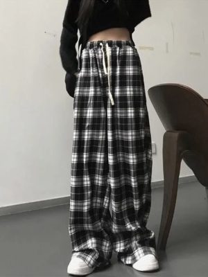 Harajuku Oversize Plaid Pants Women Korean Fashion Black White Checked Trousers