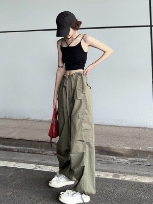 HOUZHOU-Hip-Hop-Retro-Green-Cargo-Pants-Women-Y2K-Harajuku-Oversize-Wide-Leg-Black-Parachute-Trousers-1